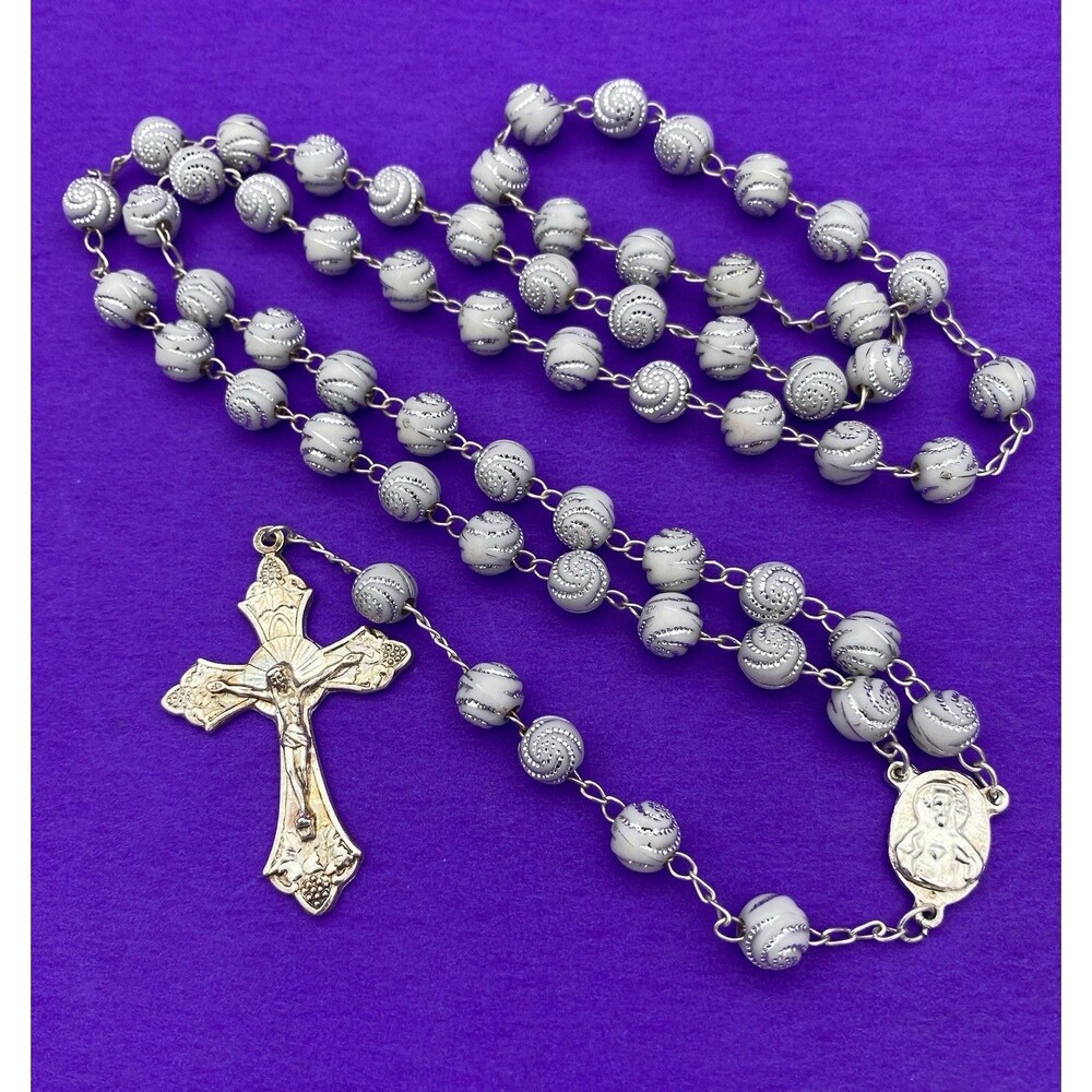 Vtg White & Silver Swirl Acrylic Beaded Rosary, Lourdes, ITALY, Christianity